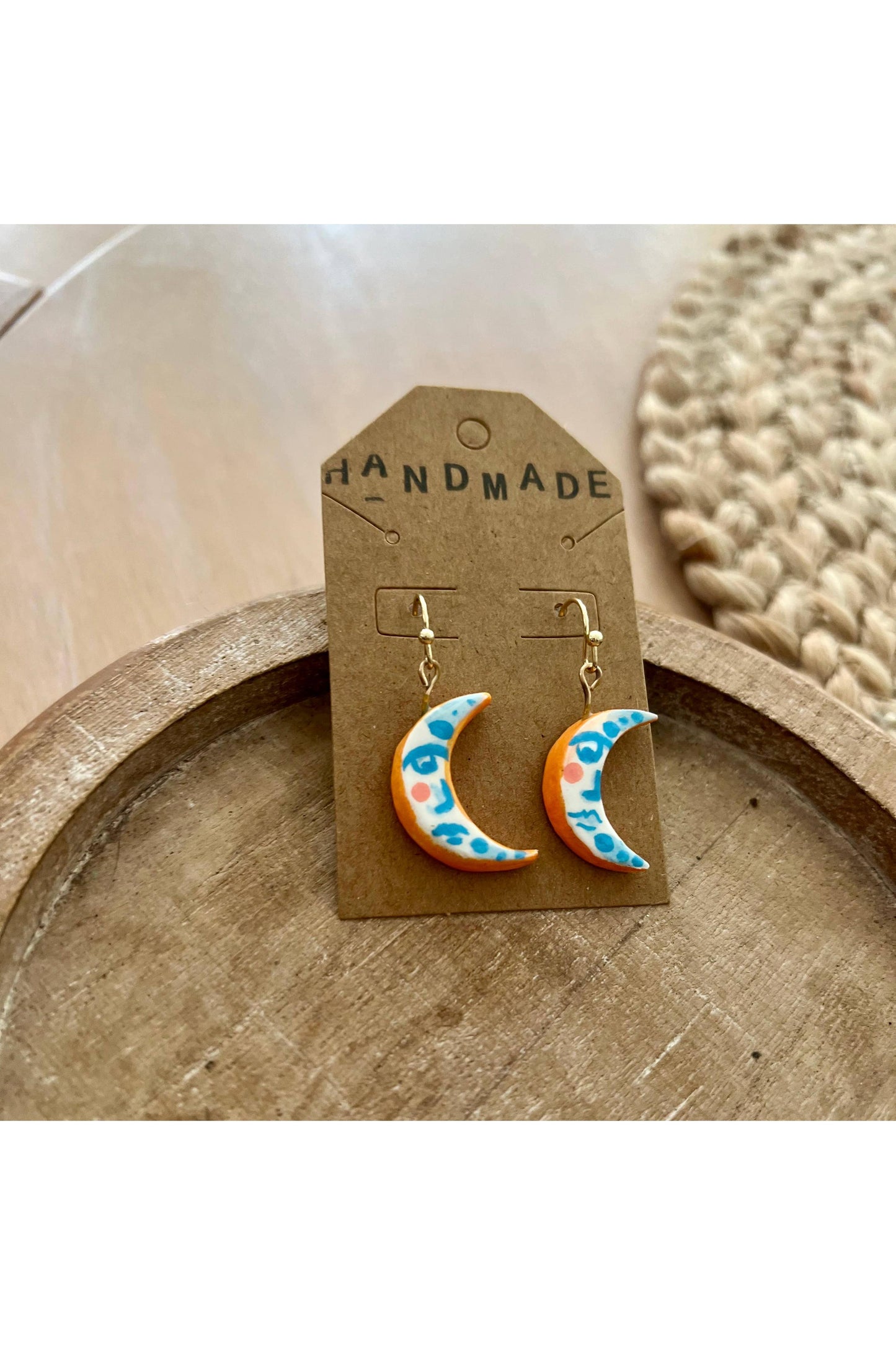 Handmade Clay Earrings - Moon Blue & Orange