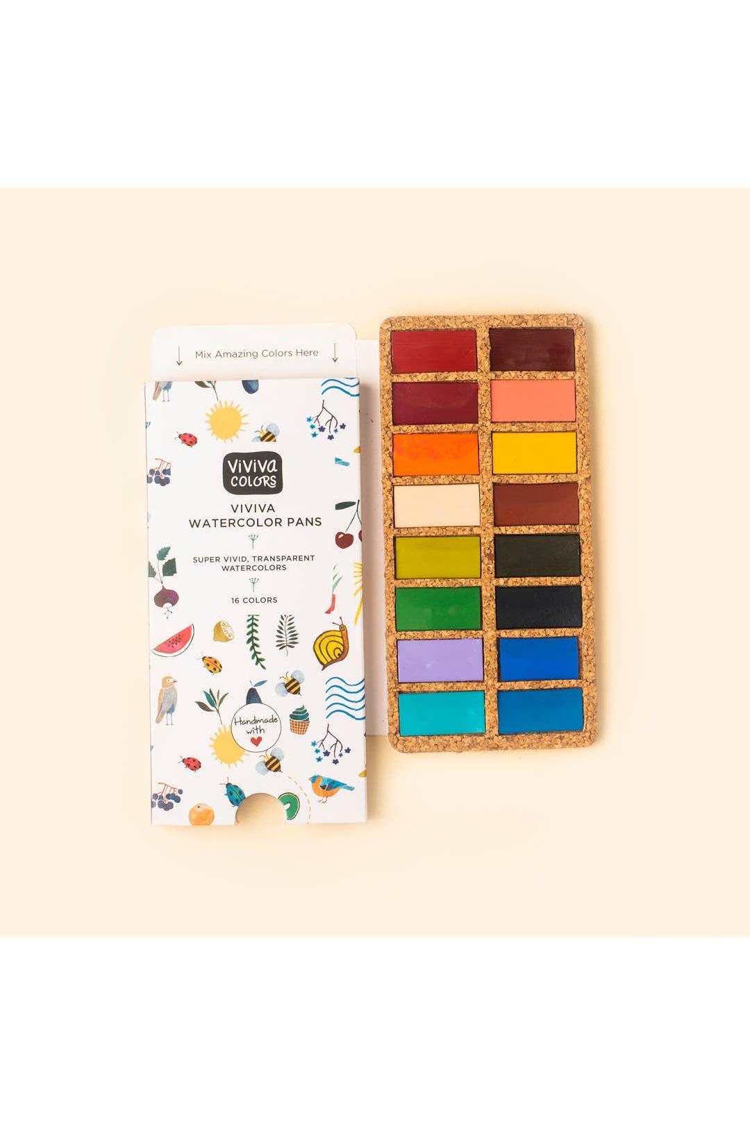 Handmade Watercolors with Natural Cork Base - Set of 16 colors
