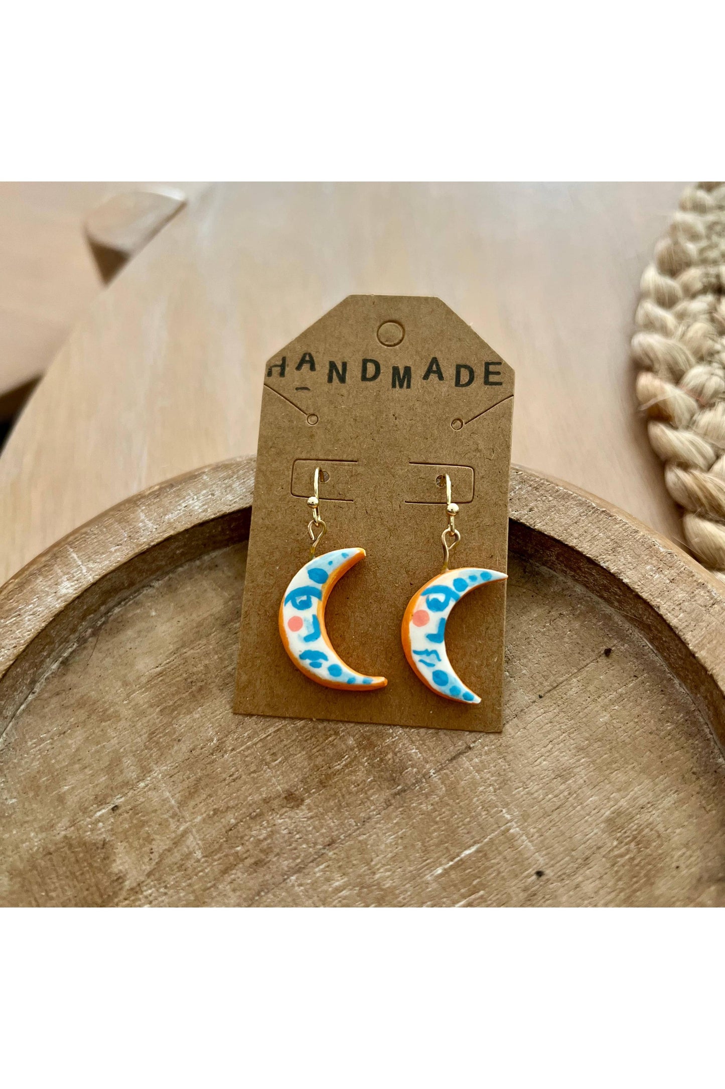 Handmade Clay Earrings - Moon Blue & Orange