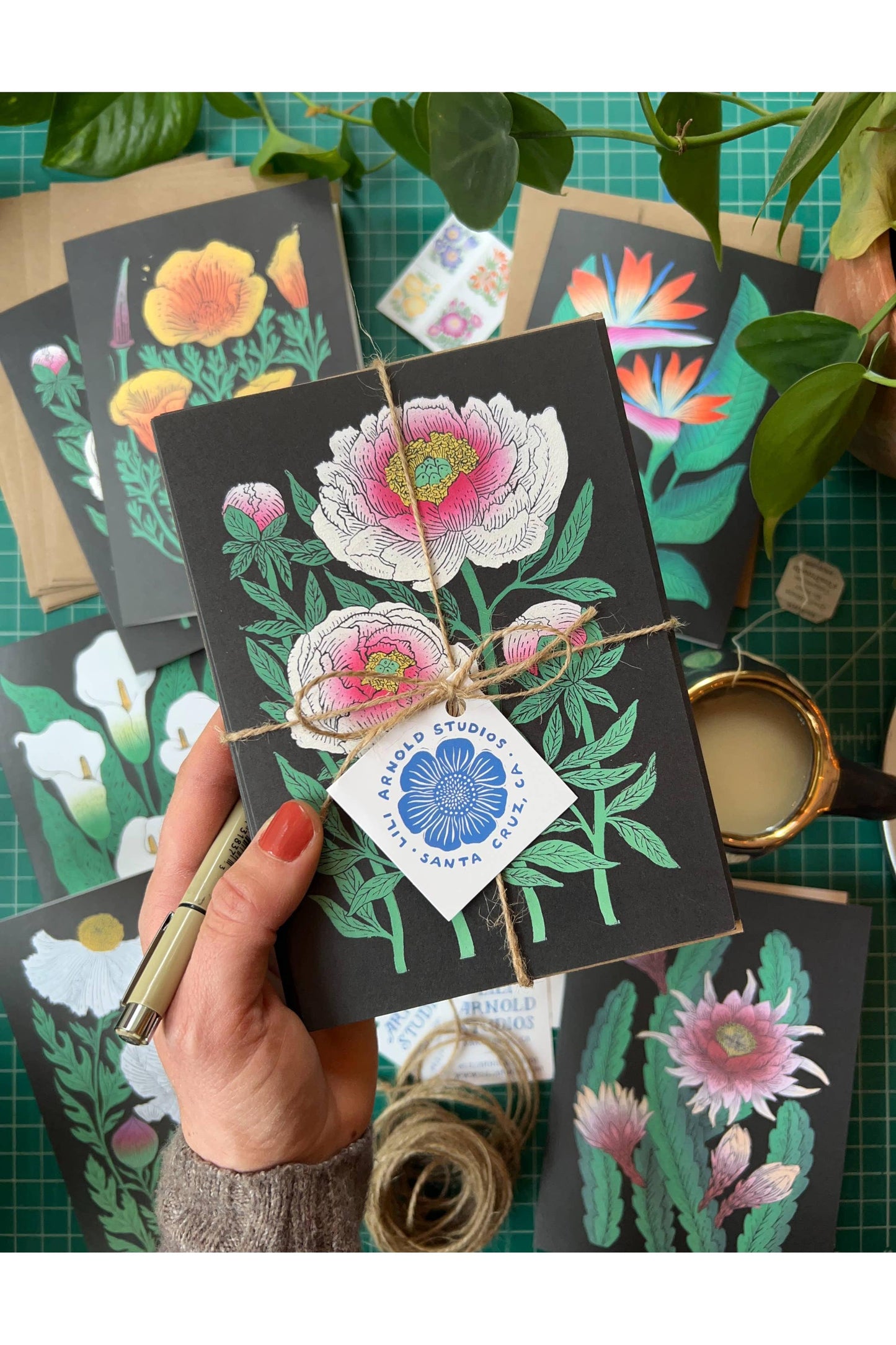 Set of 6 Botanical Greeting Cards (Black Background)