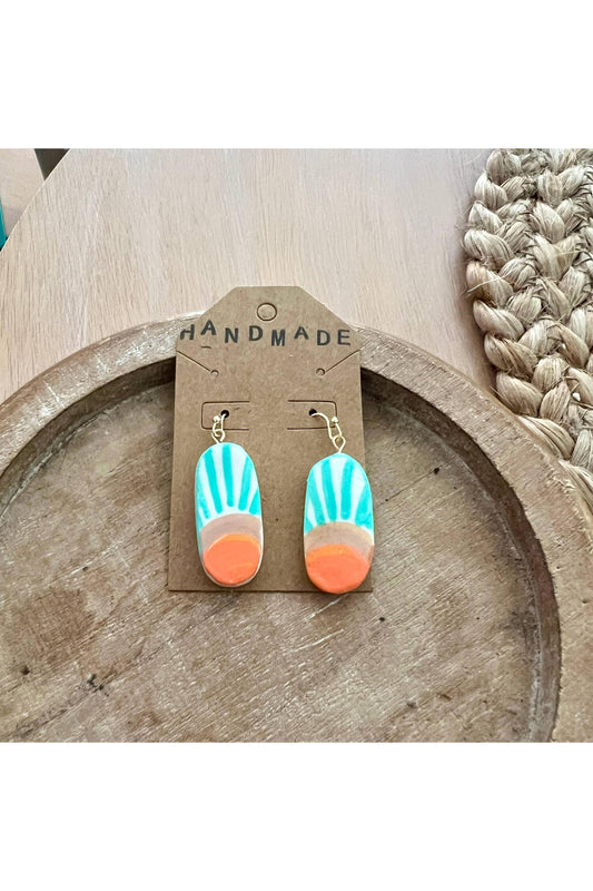 Handmade Clay Earrings - Oval Teal + Orange