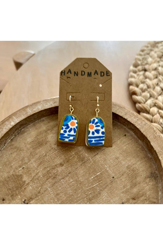 Handmade Clay Earrings- Arch Blue + Orange Water