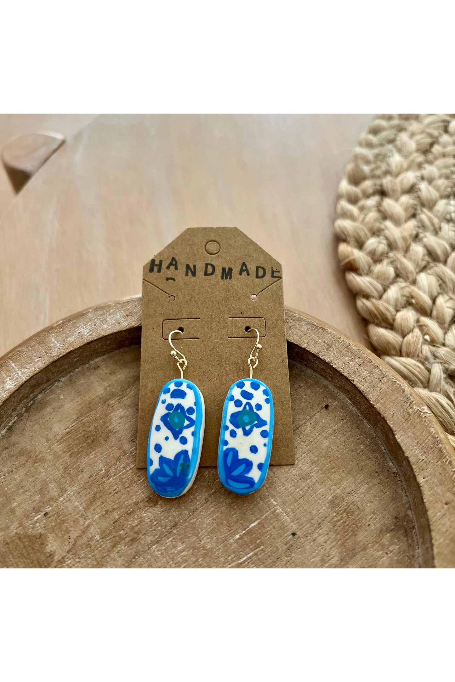 Handmade Clay Earrings - Oval Blue Pattern