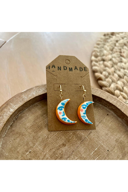 Handmade Clay Earrings - Moon Blue & Orange
