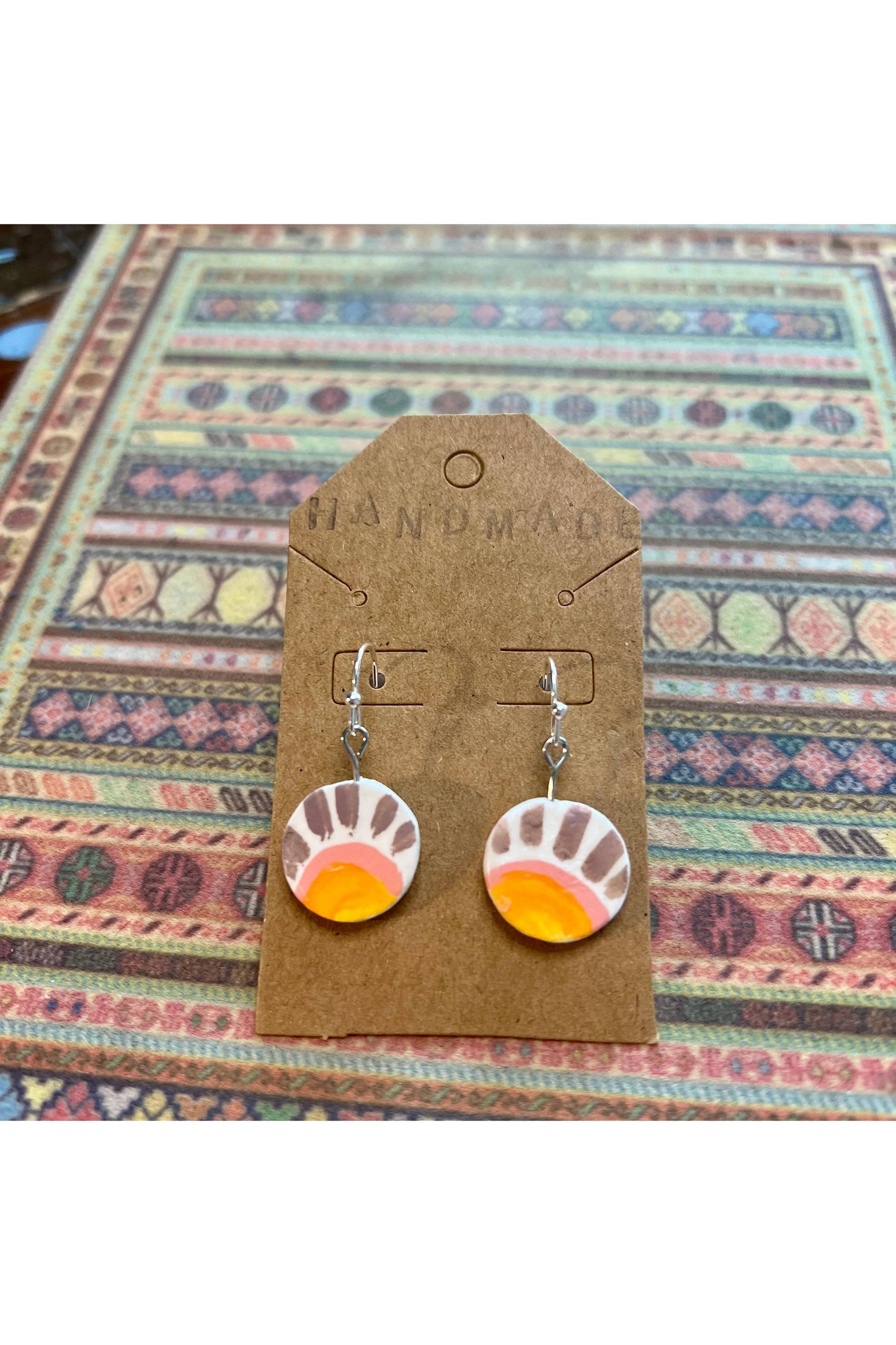 Handmade Clay Earrings - Circle Suns Orange and Purple/Pink