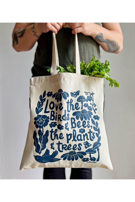 Love Birds & Bees Tote Bag – Screen Printed in Dark Navy