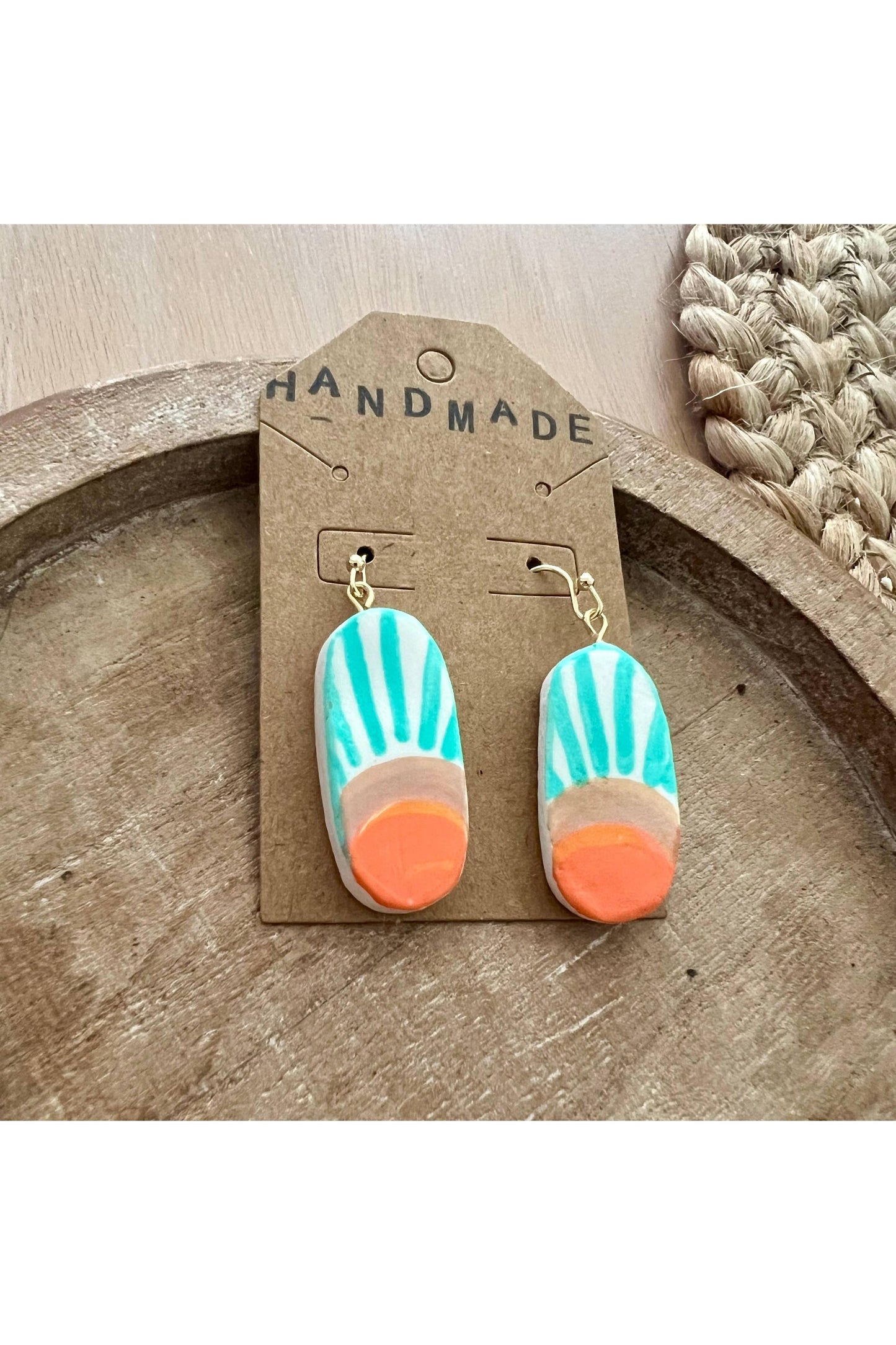 Handmade Clay Earrings - Oval Teal + Orange