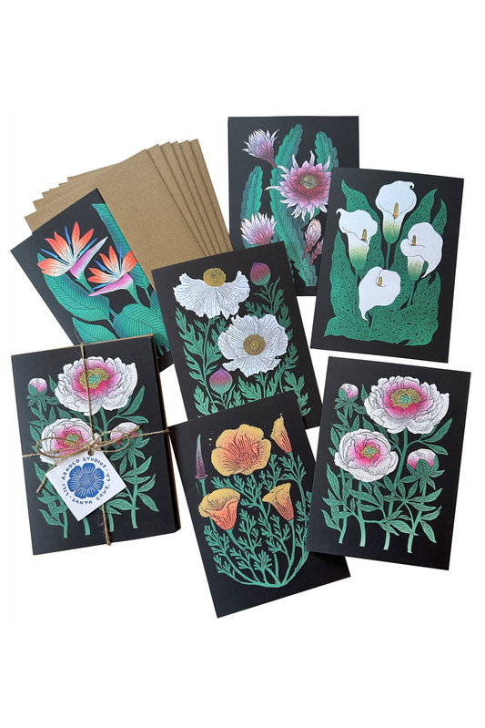 Set of 6 Botanical Greeting Cards (Black Background)