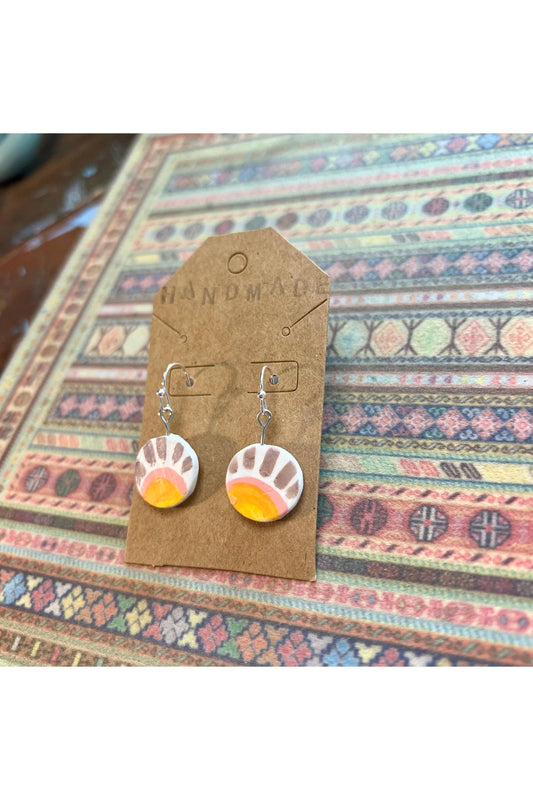 Handmade Clay Earrings - Circle Suns Orange and Purple/Pink