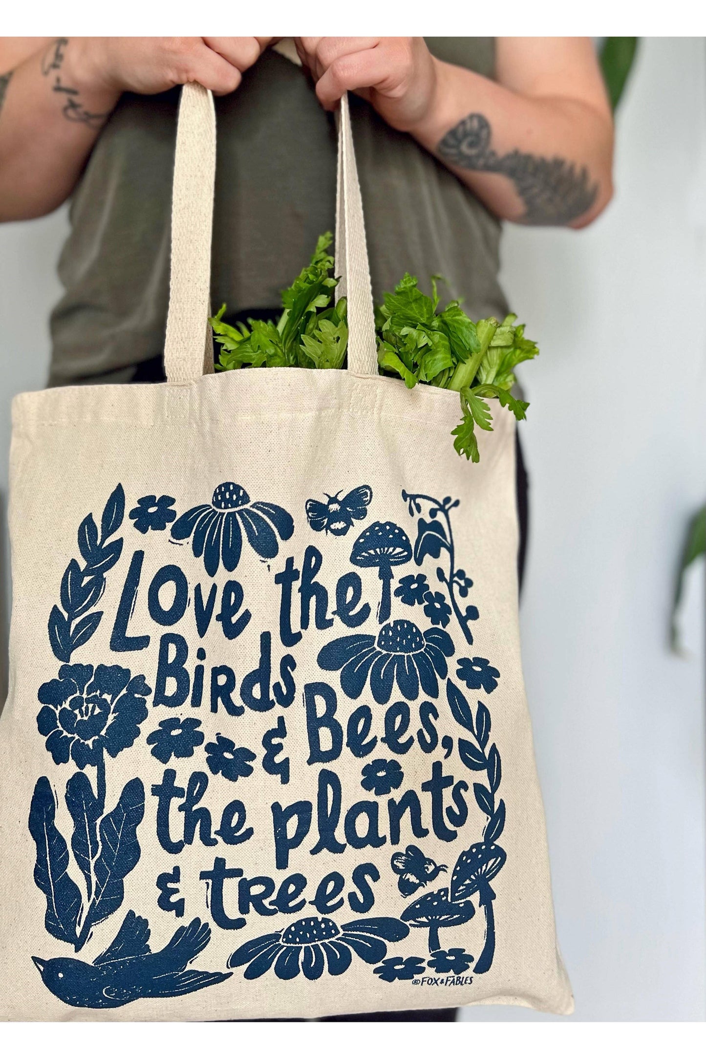 Love Birds & Bees Tote Bag – Screen Printed in Dark Navy