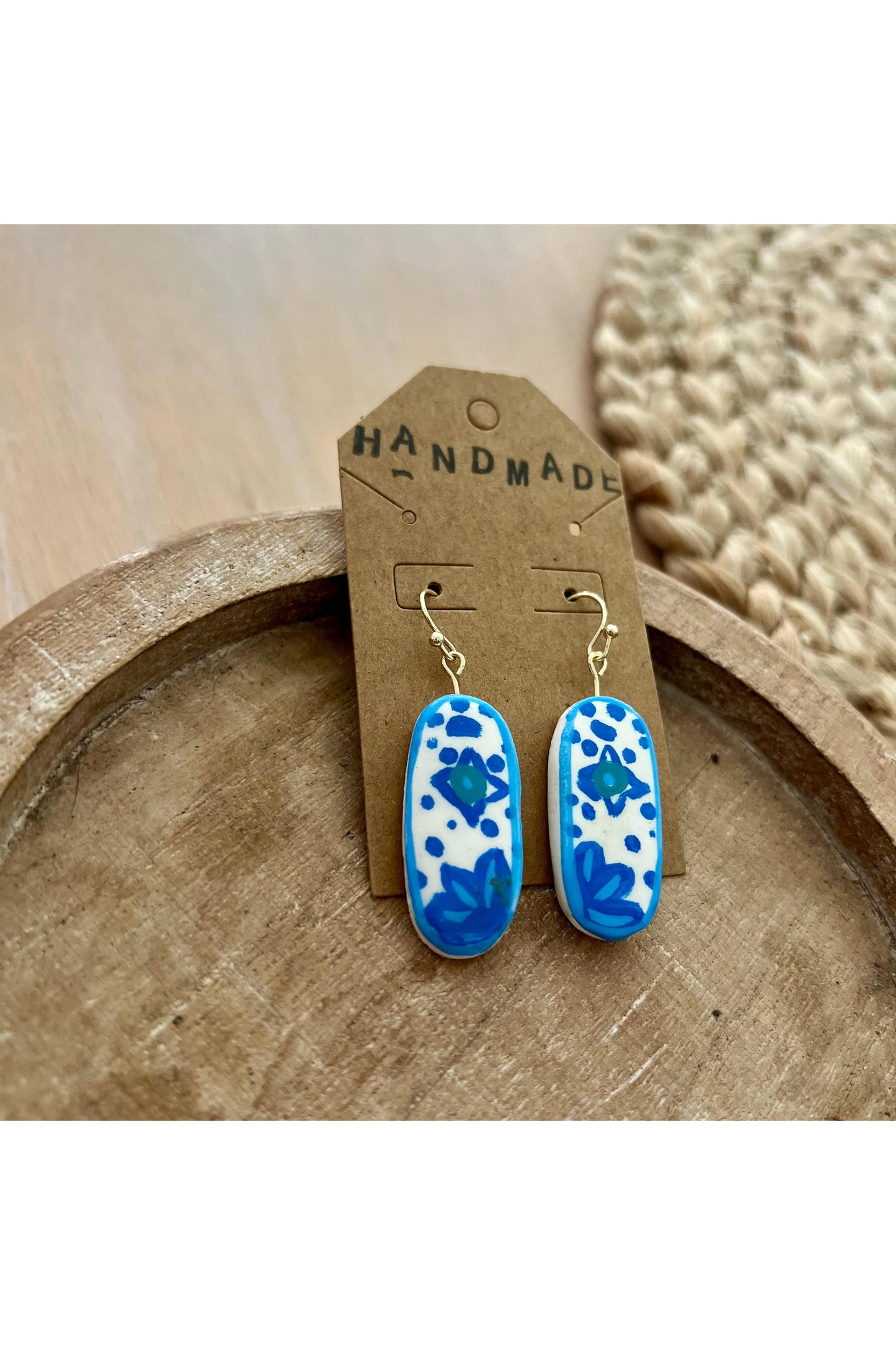 Handmade Clay Earrings - Oval Blue Pattern
